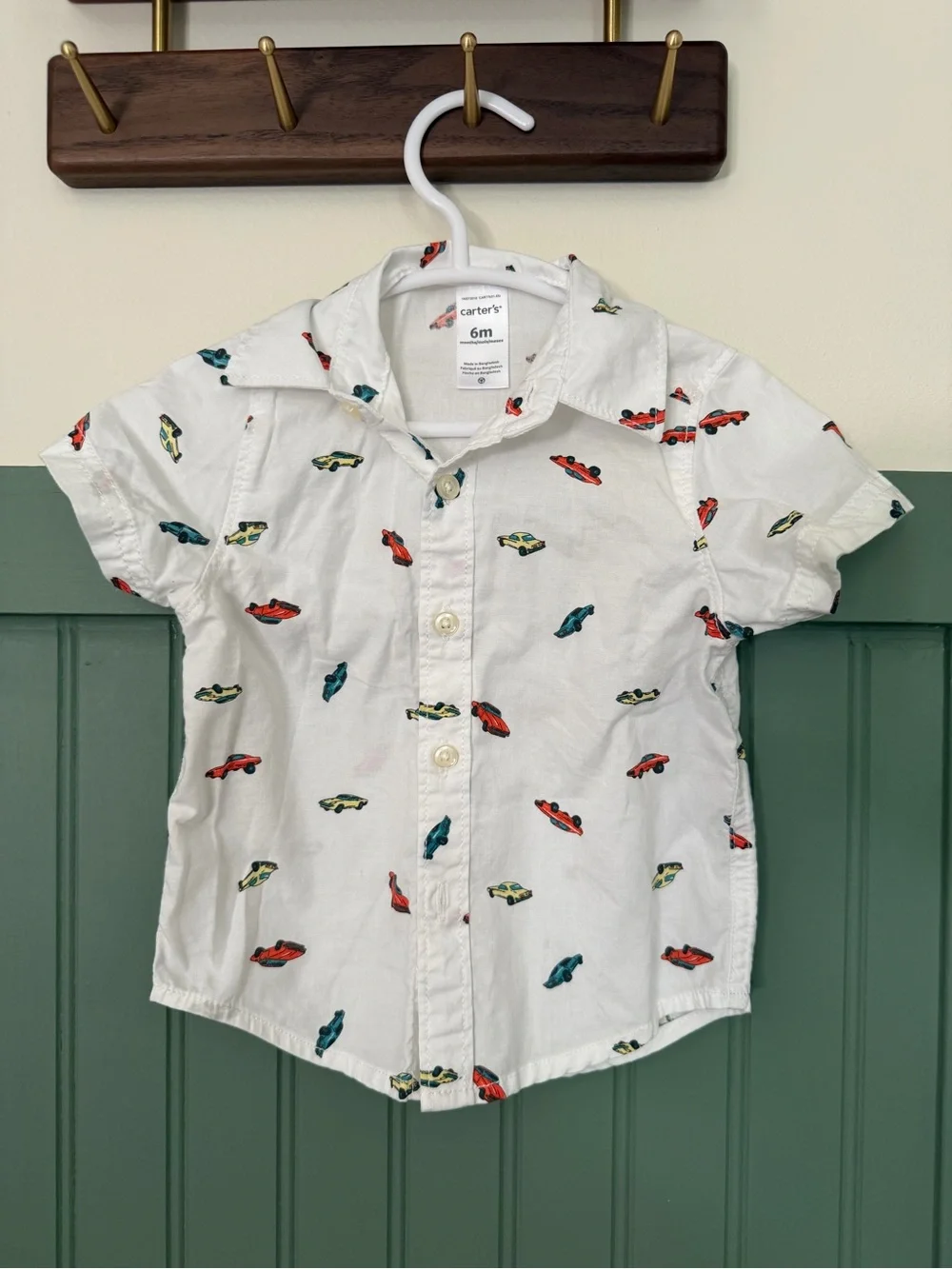 Carter's White Short-Sleeve Button-Down Shirt with Red, Blue & Yellow Car Print